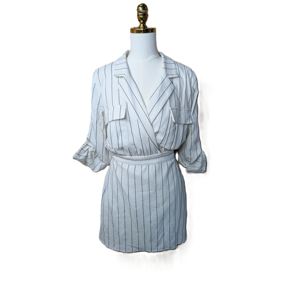 Majorelle Beckett Mini Dress White Striped Wrap Front Long Sleeve Size M